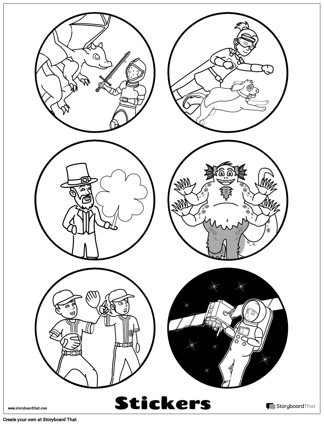 Multiple Hand Drawn Characters Based Sticker Worksheet