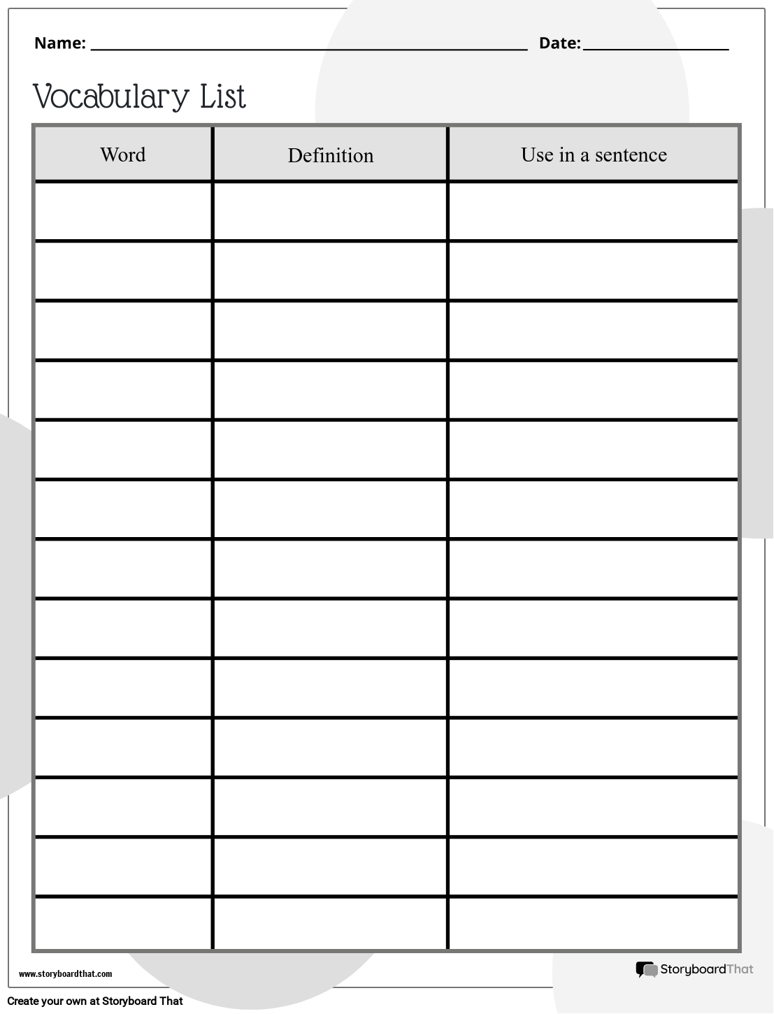 Free Vocabulary Worksheet Templates at StoryboardThat