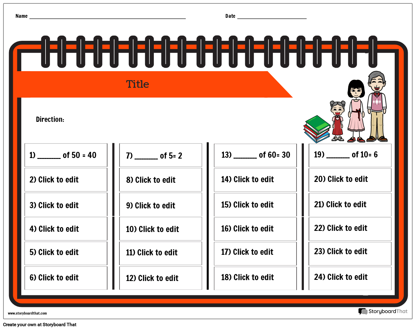Notebook themed Percent Worksheet Storyboard Templates