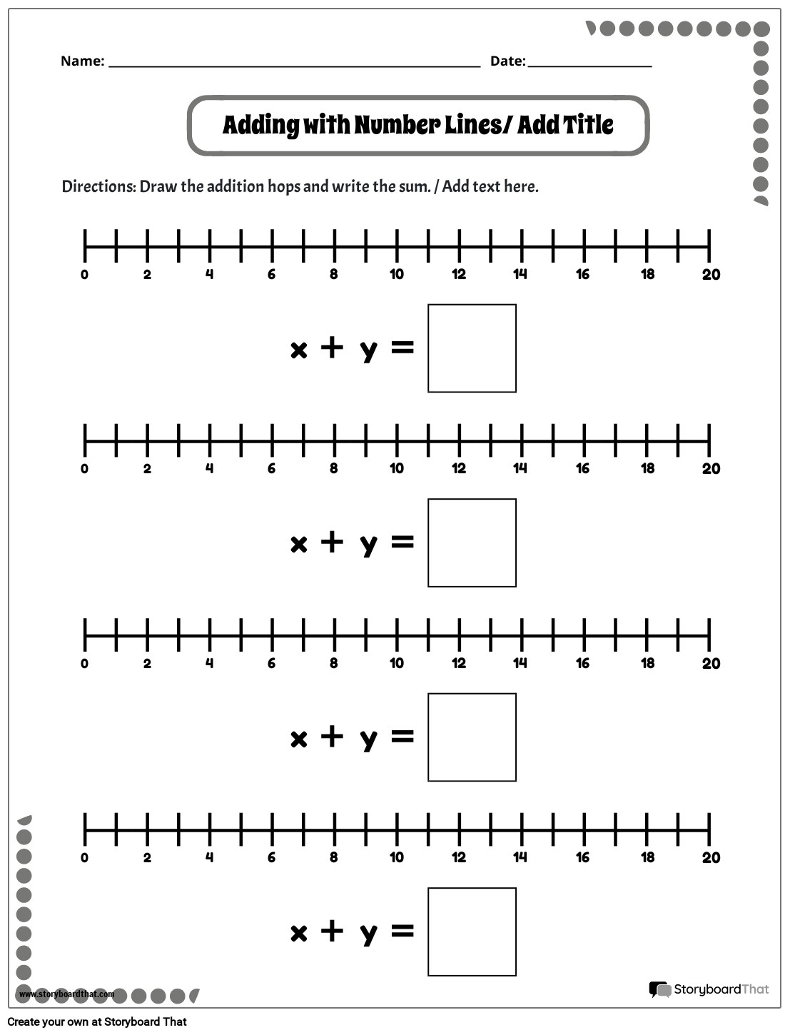 Number Line Addition Worksheet with Polka Dot Border - Black and White
