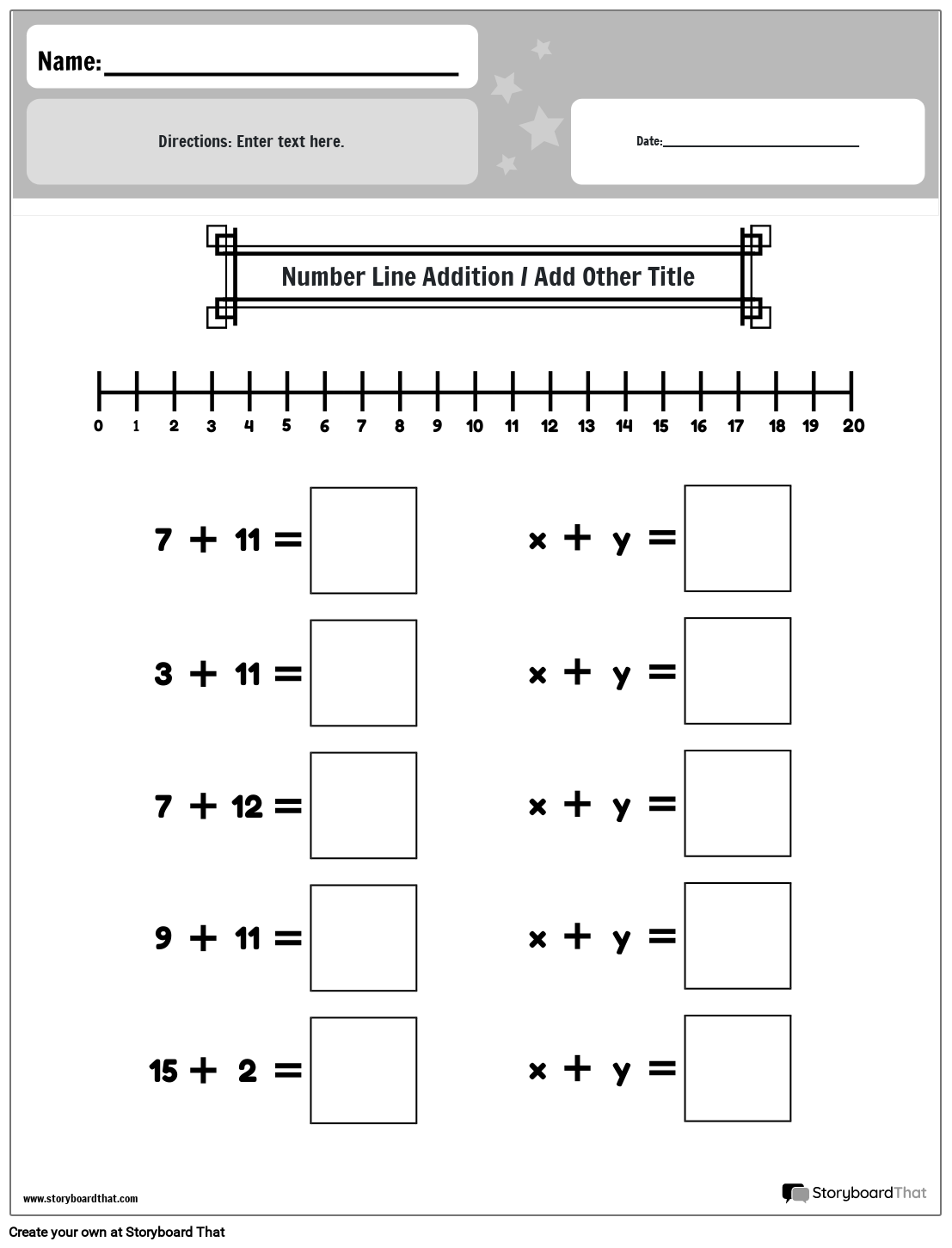 Numbers line addition worksheet (black & white)