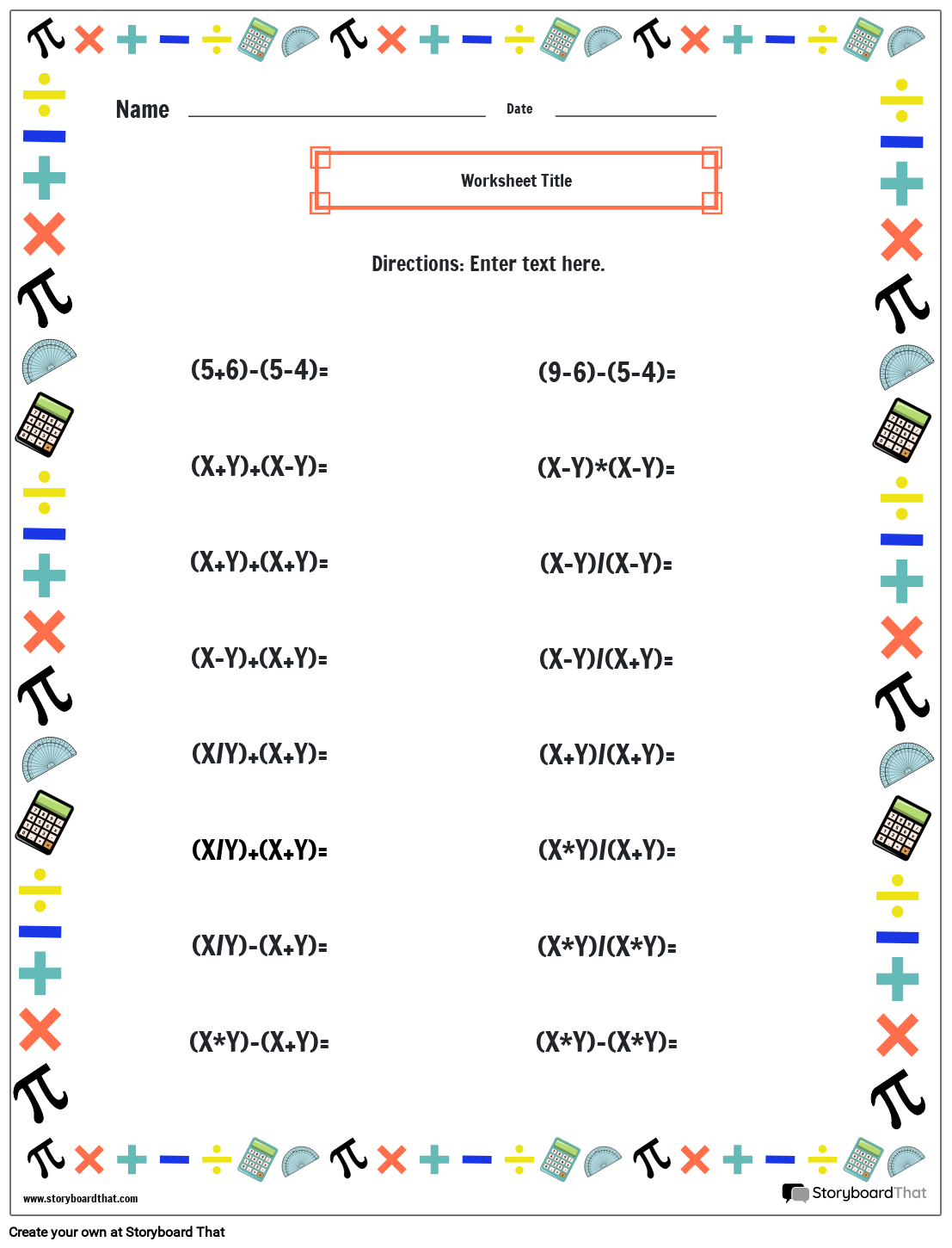 Order of operations worksheet with math border