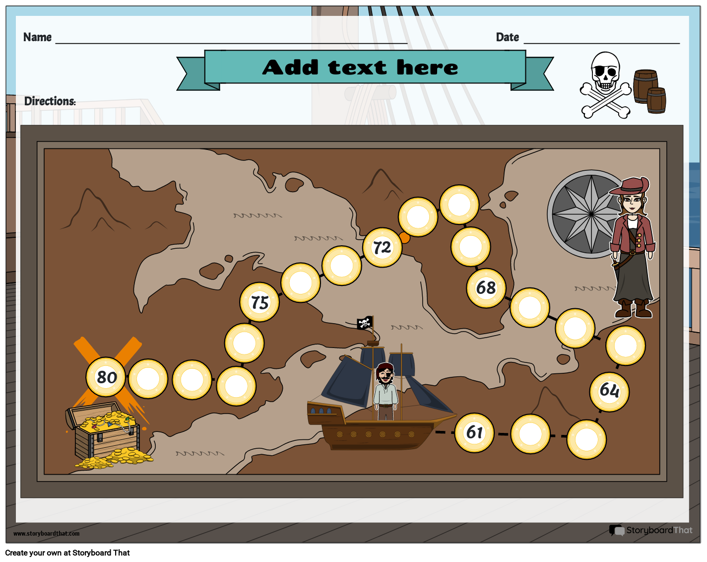 Pirate Treasure Themed Missing Numbers Activity from 61 – 80