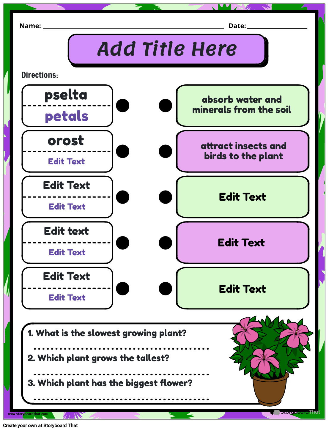 Plant Matching Activity (Intermediate) Worksheet