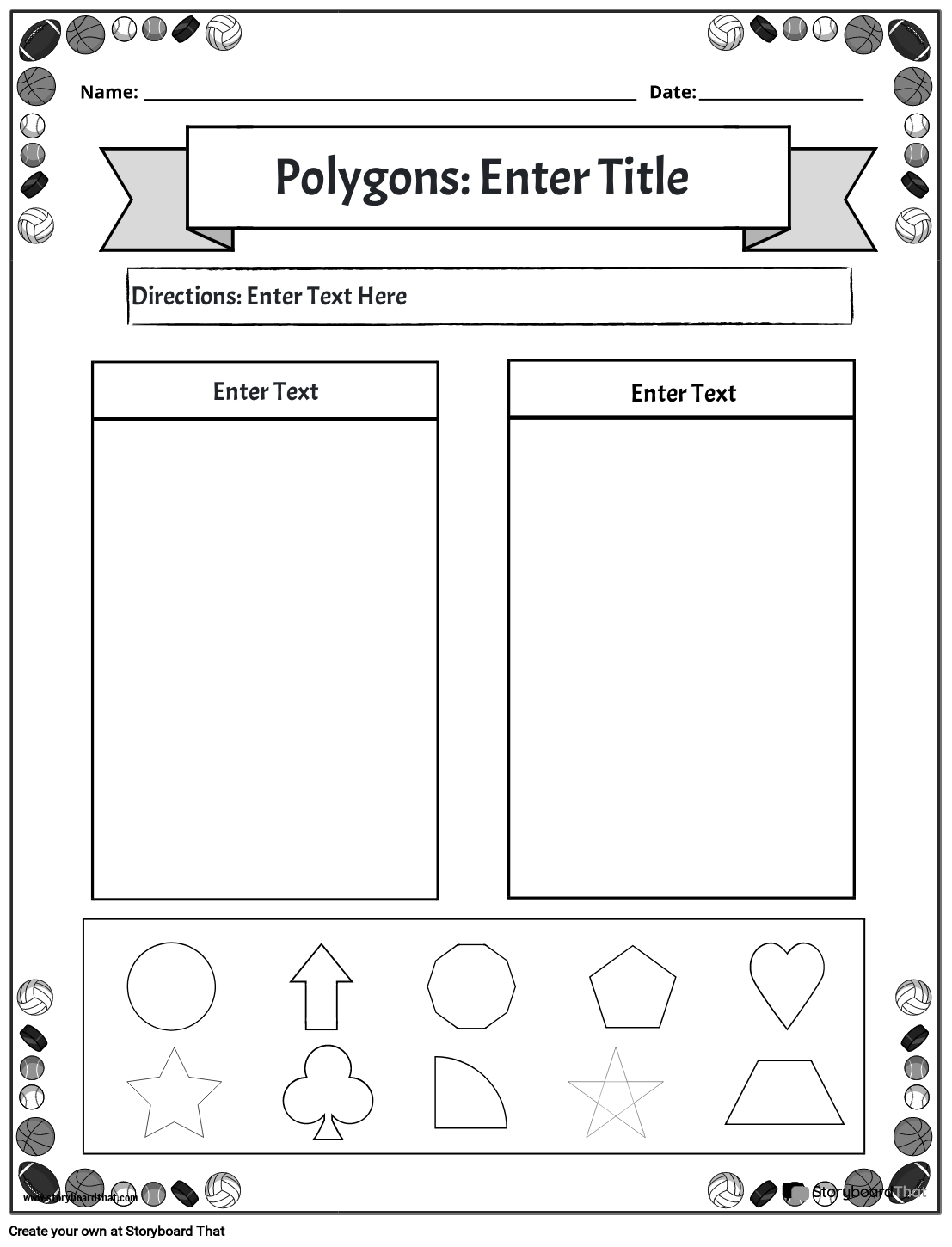 polygon sort worksheet sports theme bw