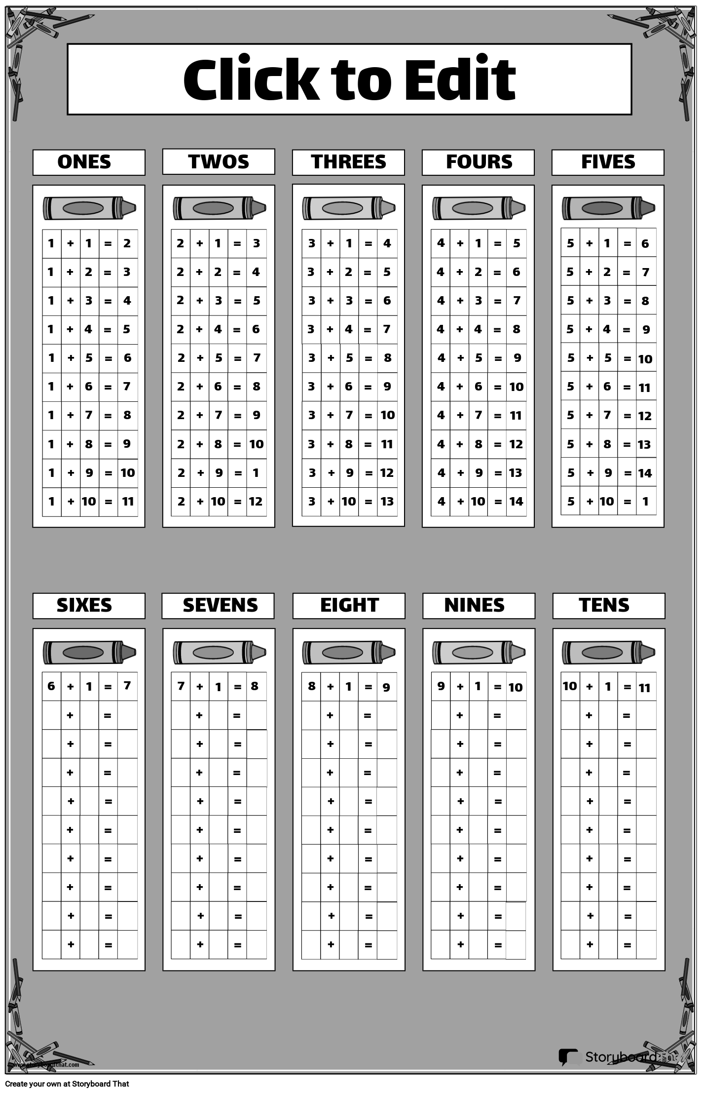 Print-ready Addition Charts Poster with Crayons Motif B&W