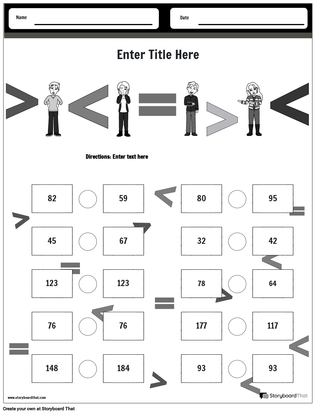 Print-ready Comparing Numbers Worksheet with Signs B&W