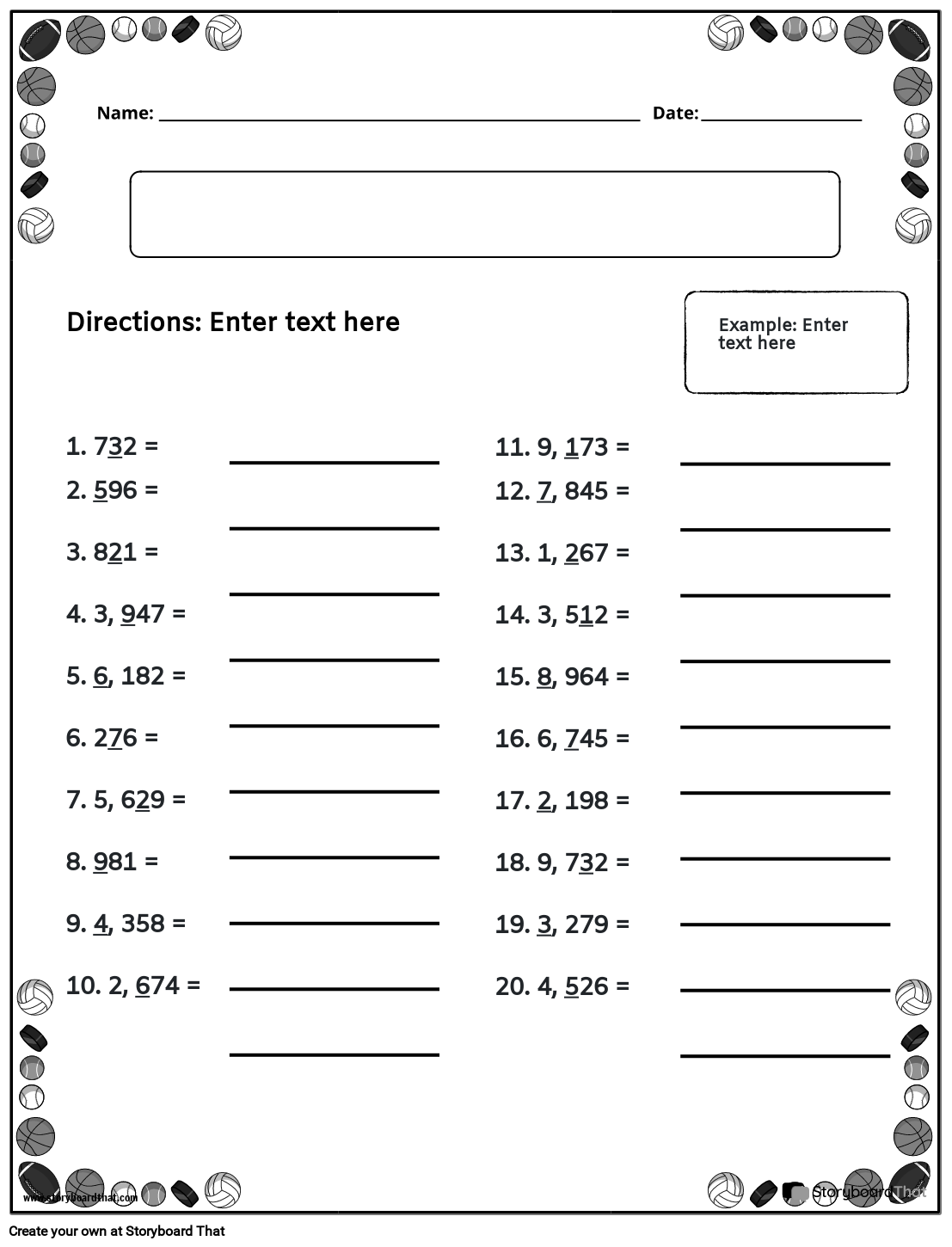 Printable sports-themed rounding numbers worksheet B&W