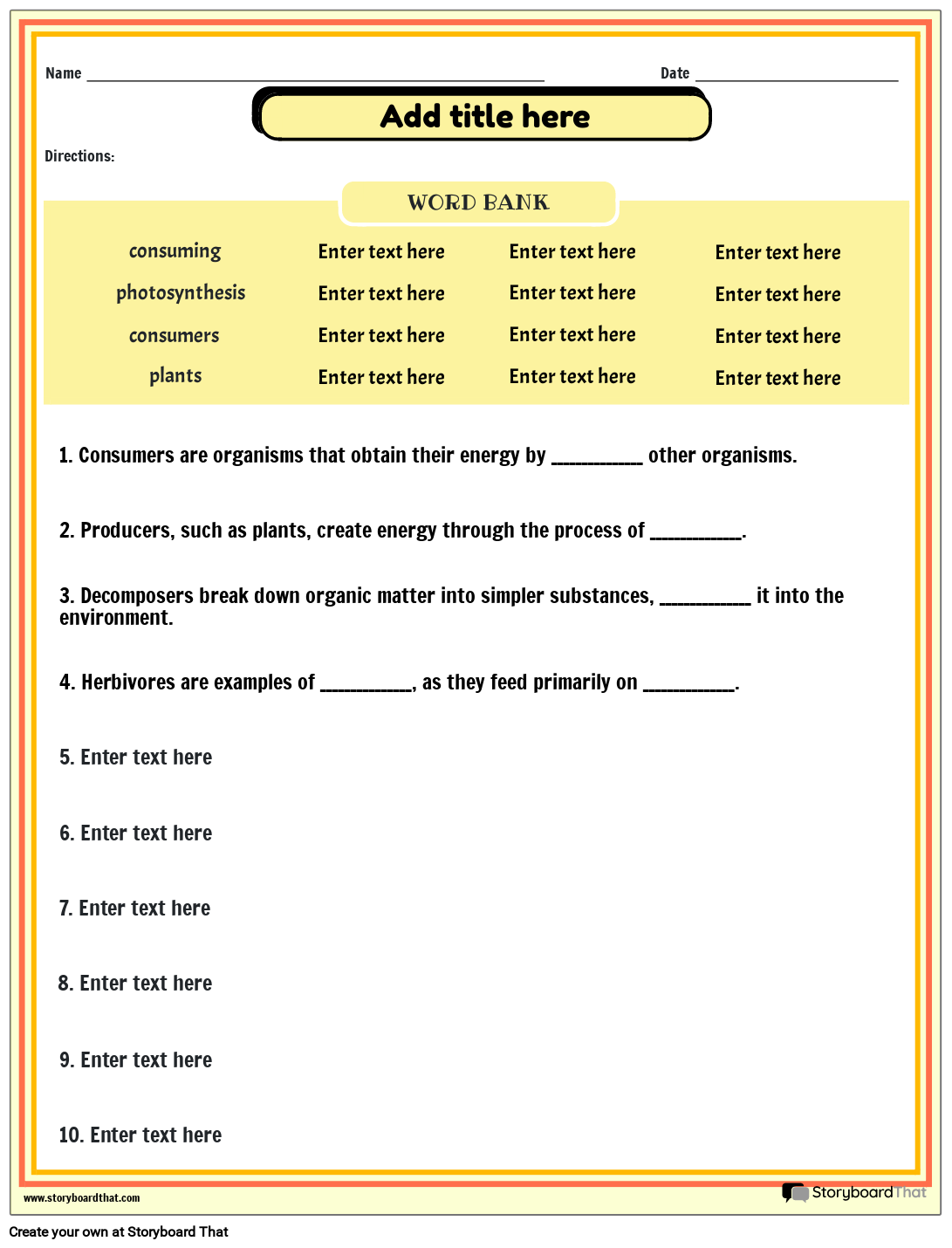 Producers, Consumers, and Decomposers Fill-in-the-blanks Worksheet