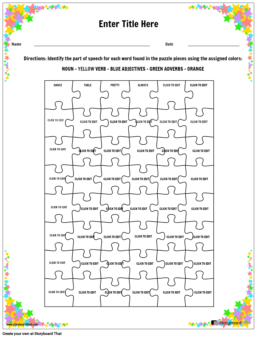 Puzzle Grammar Worksheet with Star Border