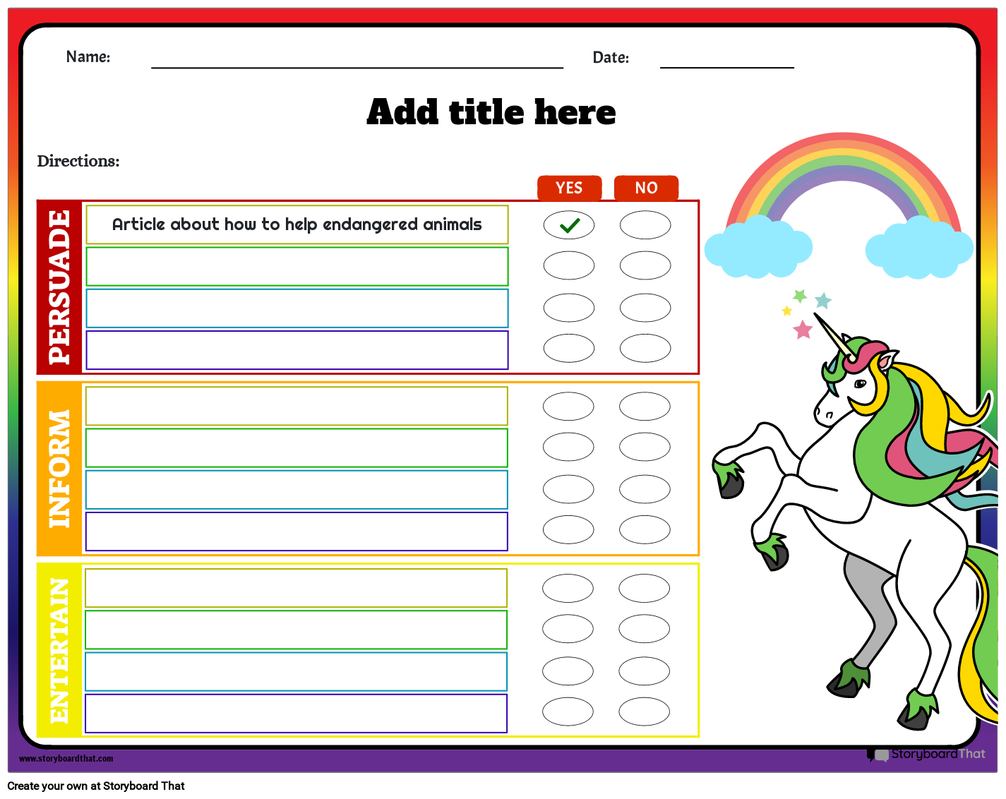 Rainbow-themed Author's Purpose Worksheet