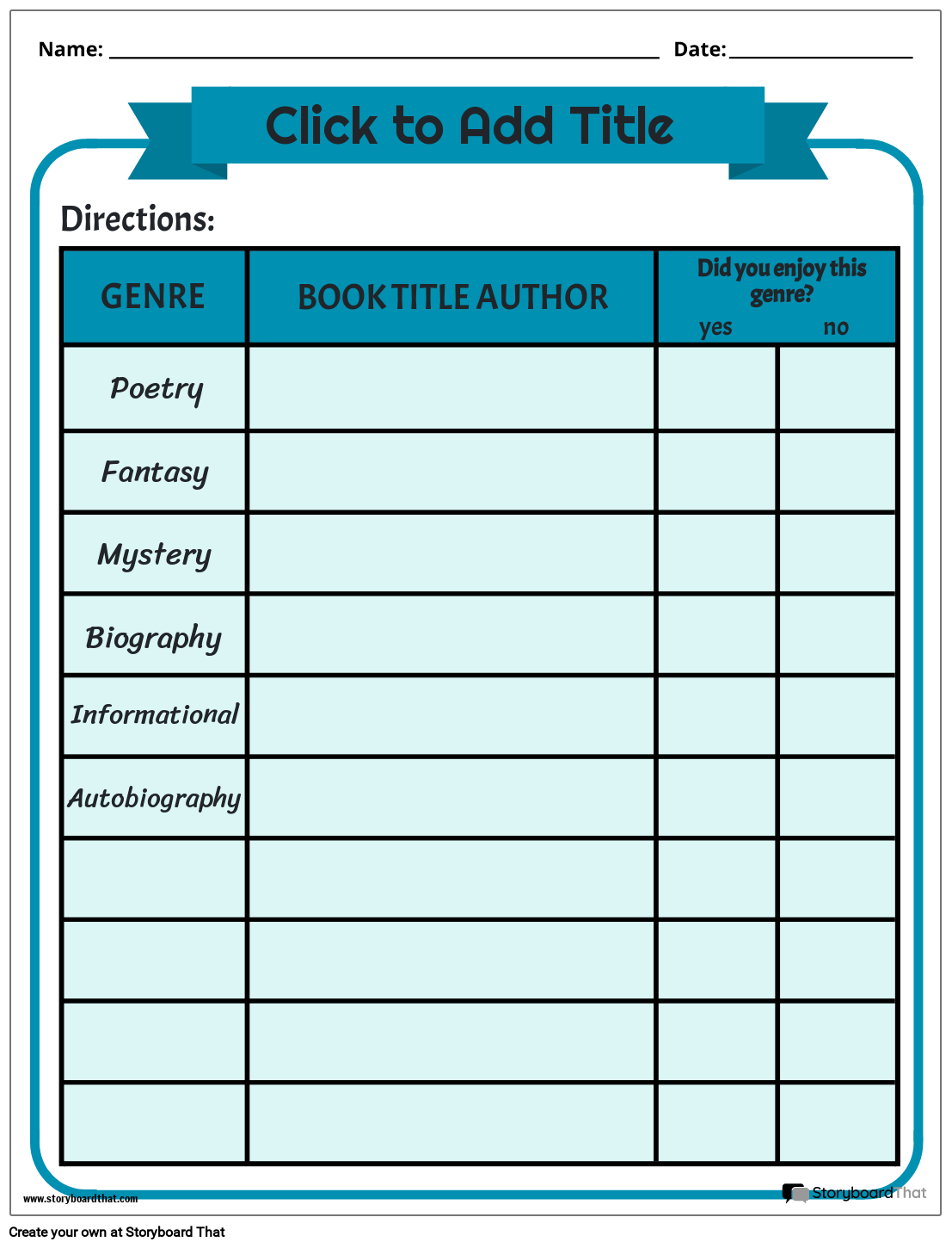 Reading Genre Challenge Worksheet