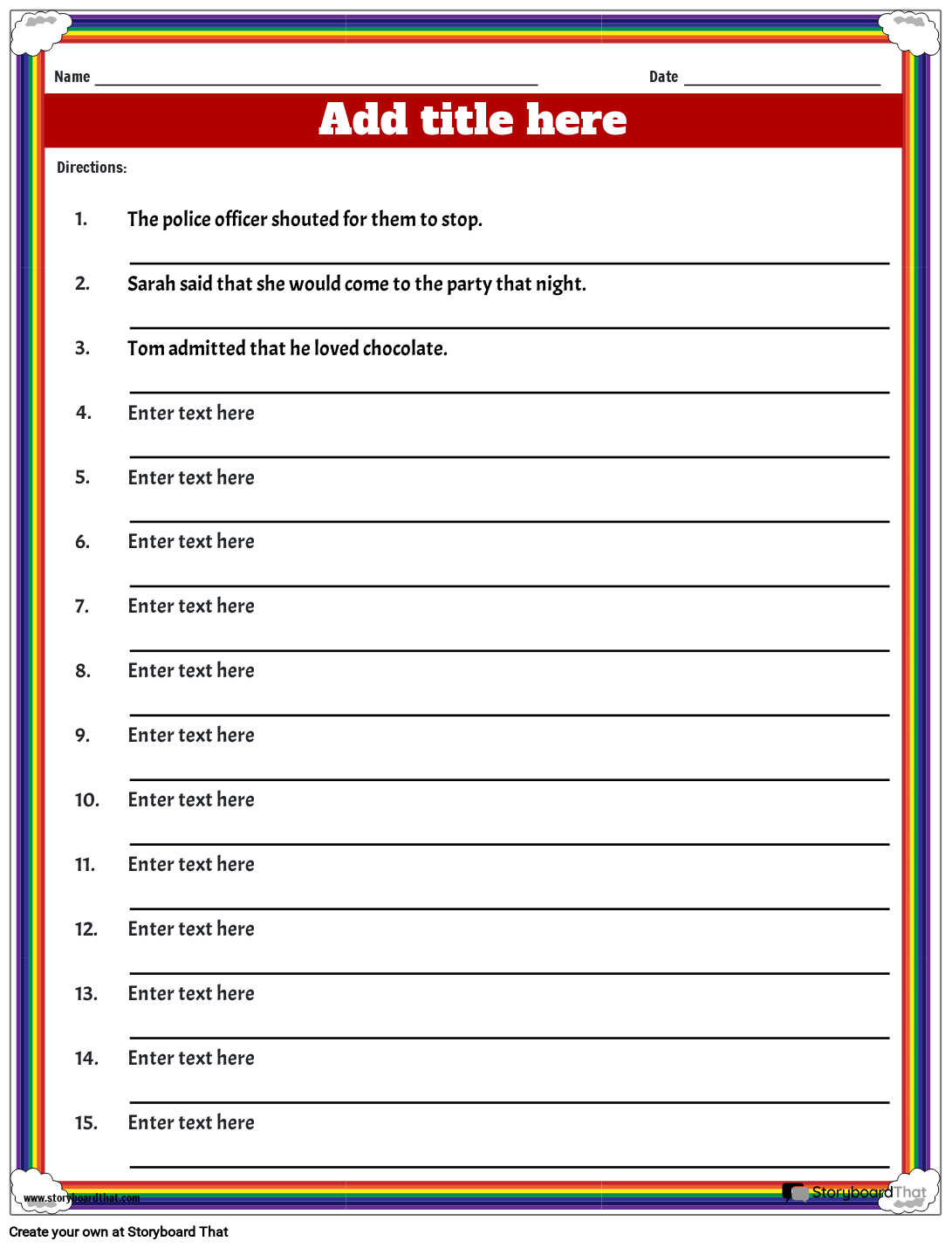 Rewriting Sentences with Quotations Worksheet