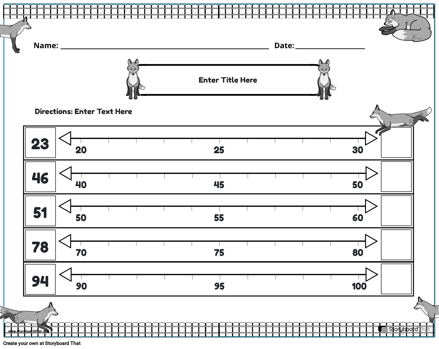 Rounding numbers worksheet with fox B&W
