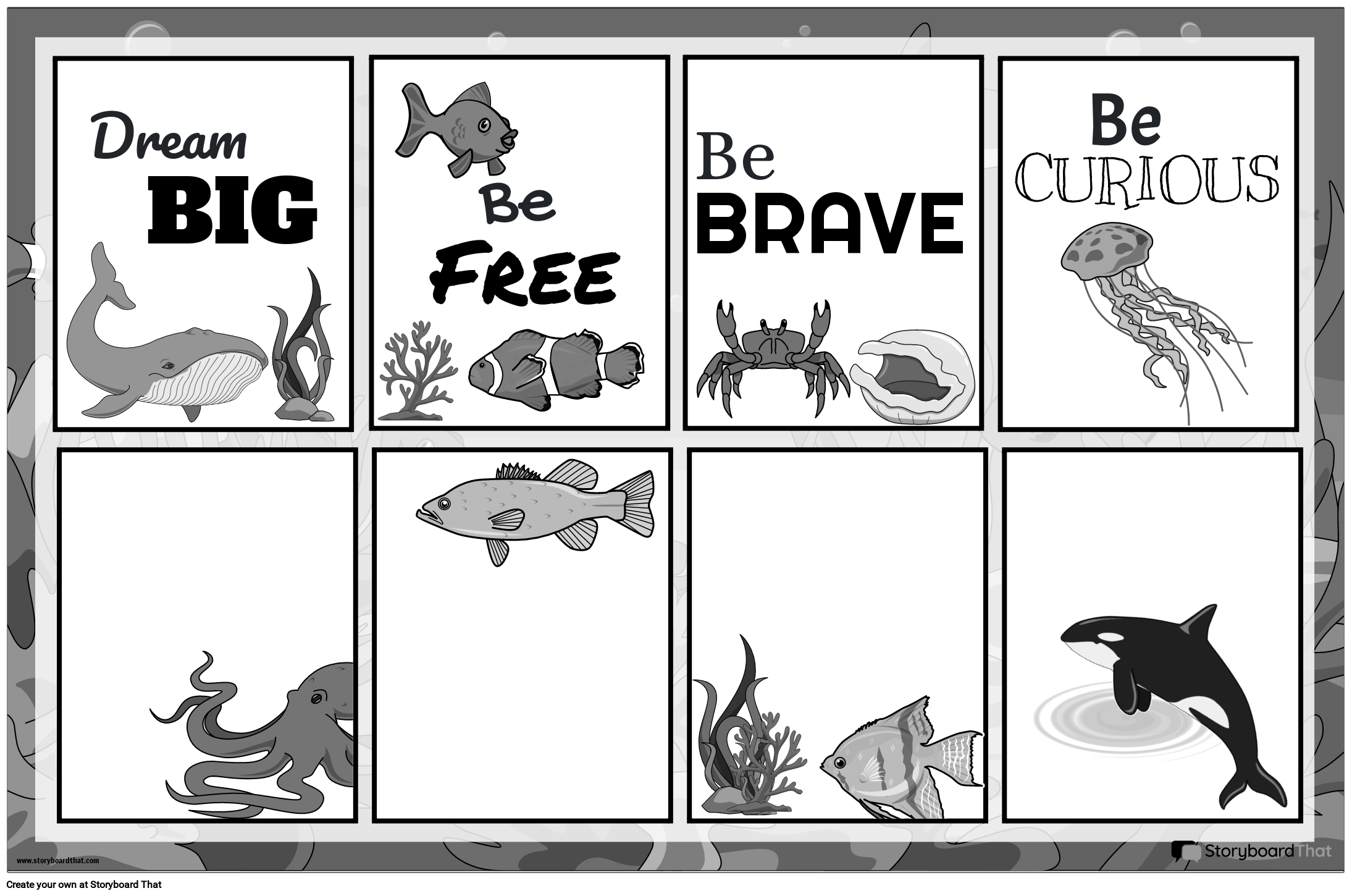 Sea Creatures Themed Motivational Poster Greyscale