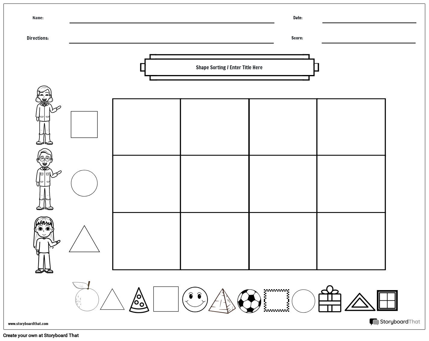 shapes & items sorting worksheet (black & white)