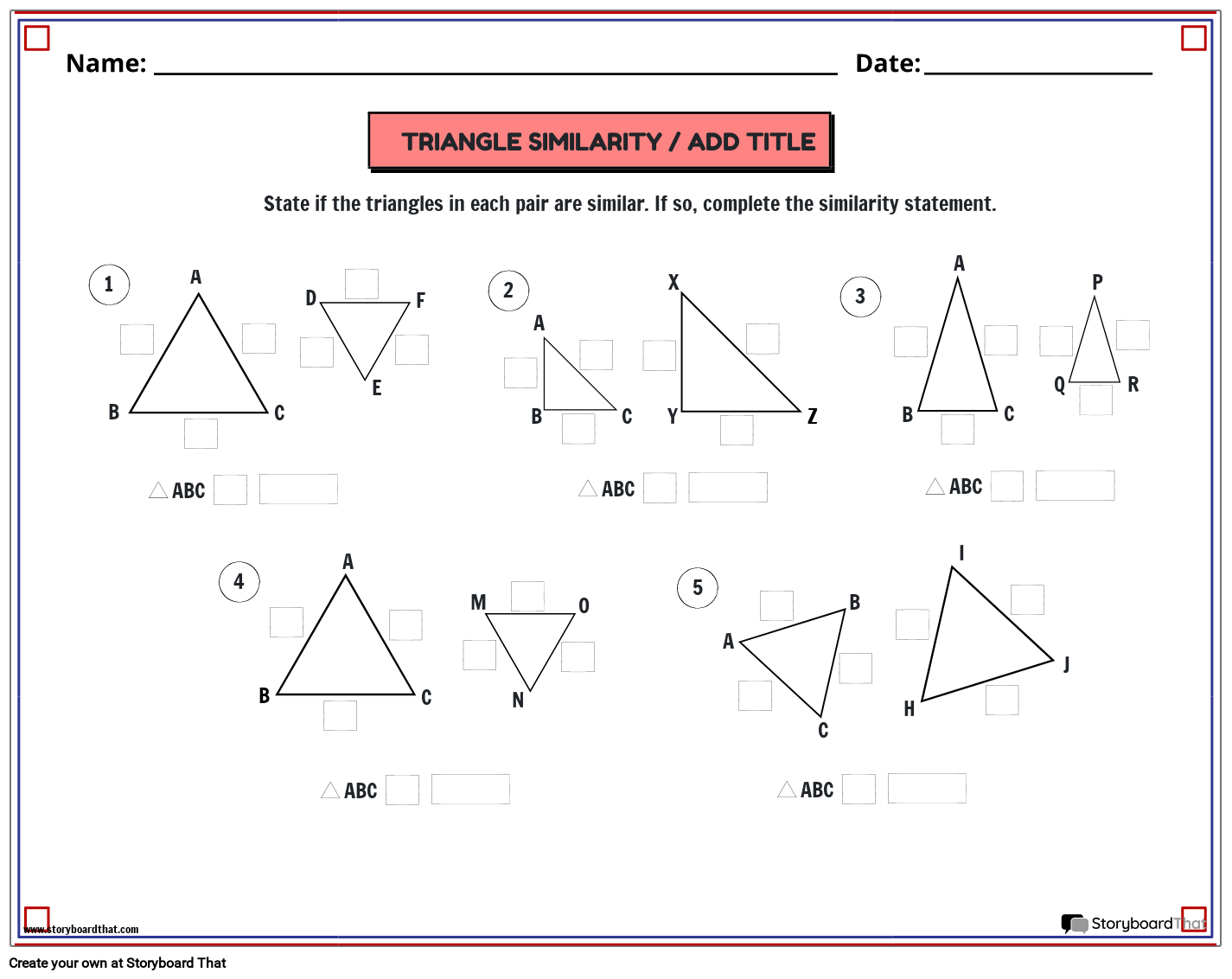 SIMILAR TRIANGLES WORKSHEET with Blue and Red Border