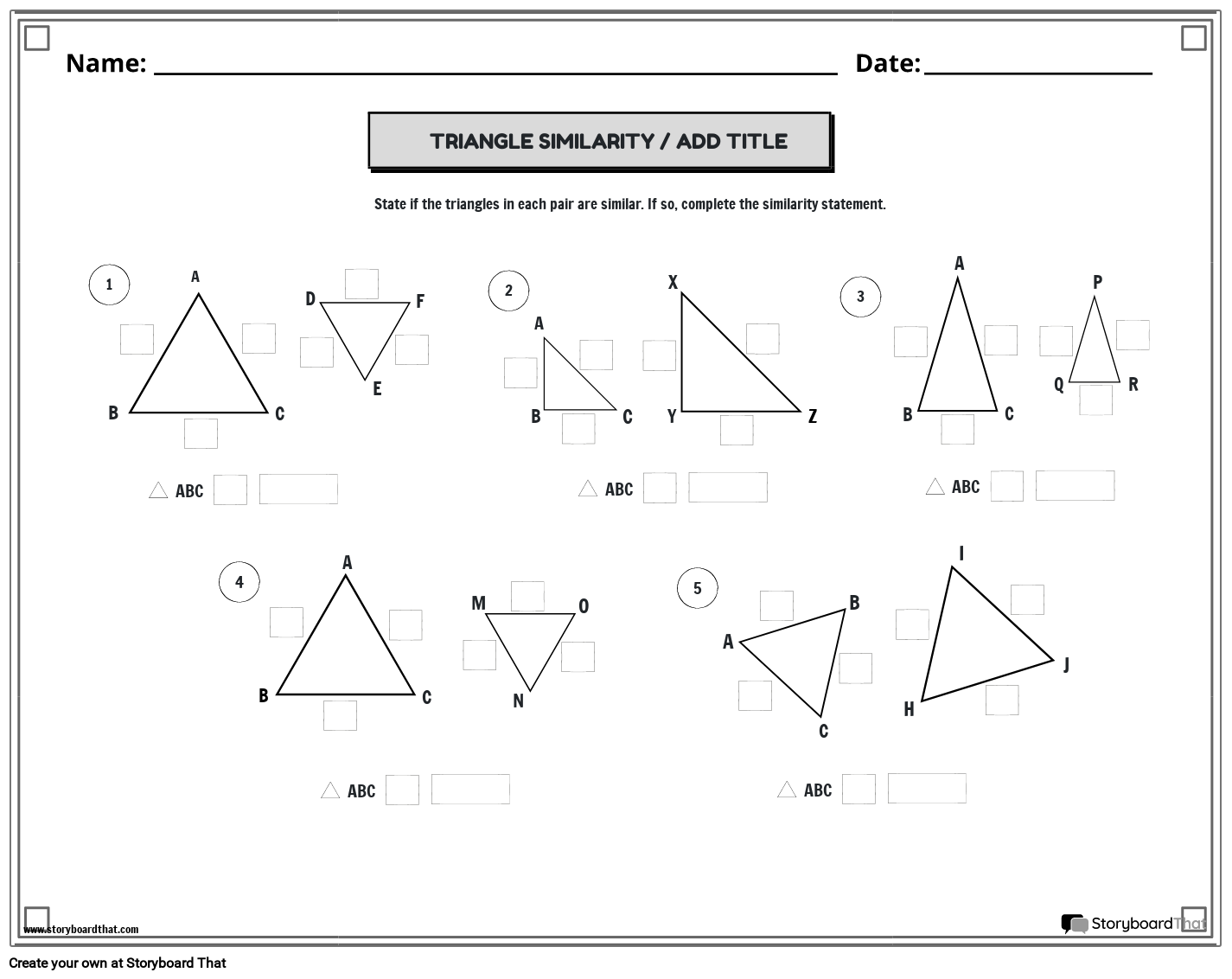 SIMILAR TRIANGLES WORKSHEET with Border - BW