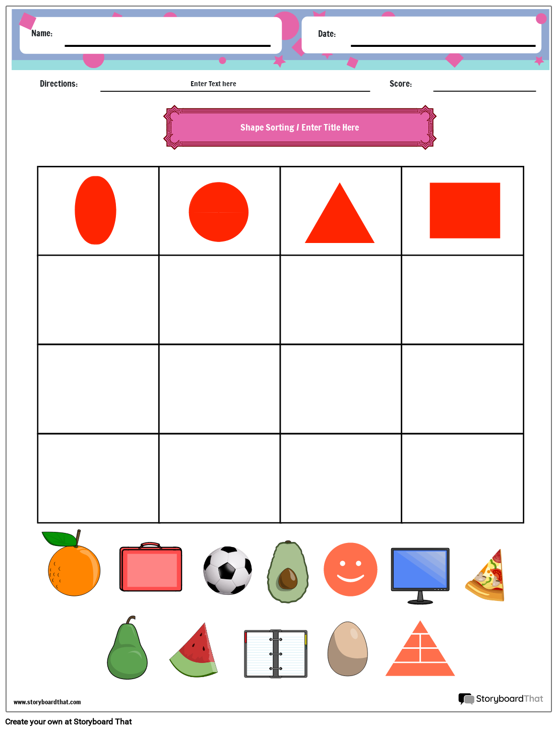 Sorting shapes & items color worksheet