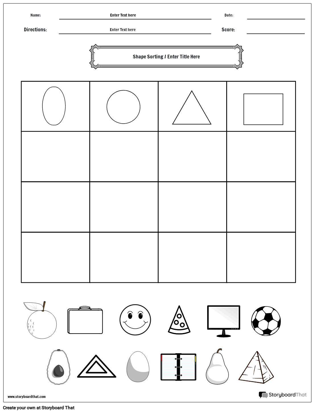 Sorting shapes & items worksheet (black & white)