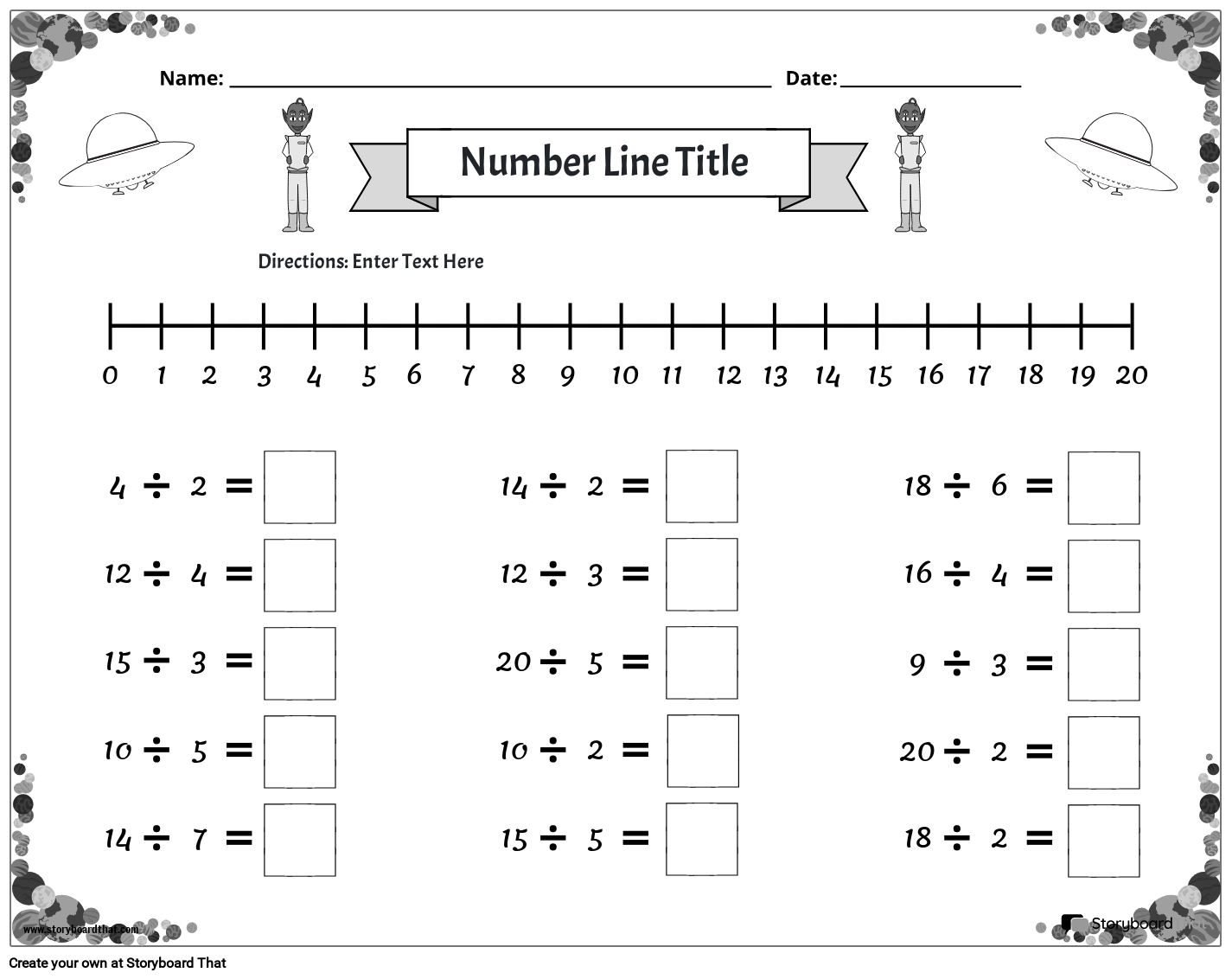 space theme number line black and white
