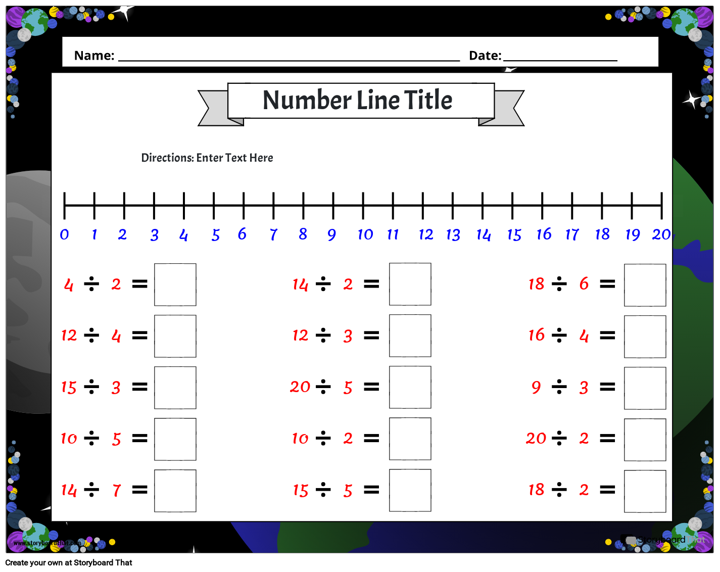 space themed number line worksheet