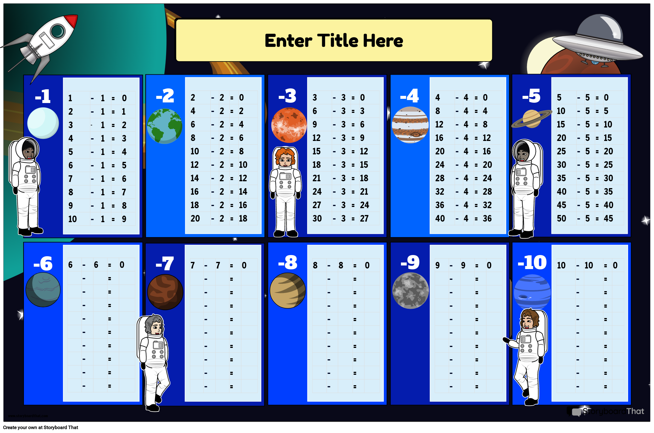 Space-themed Subtraction Chart Poster