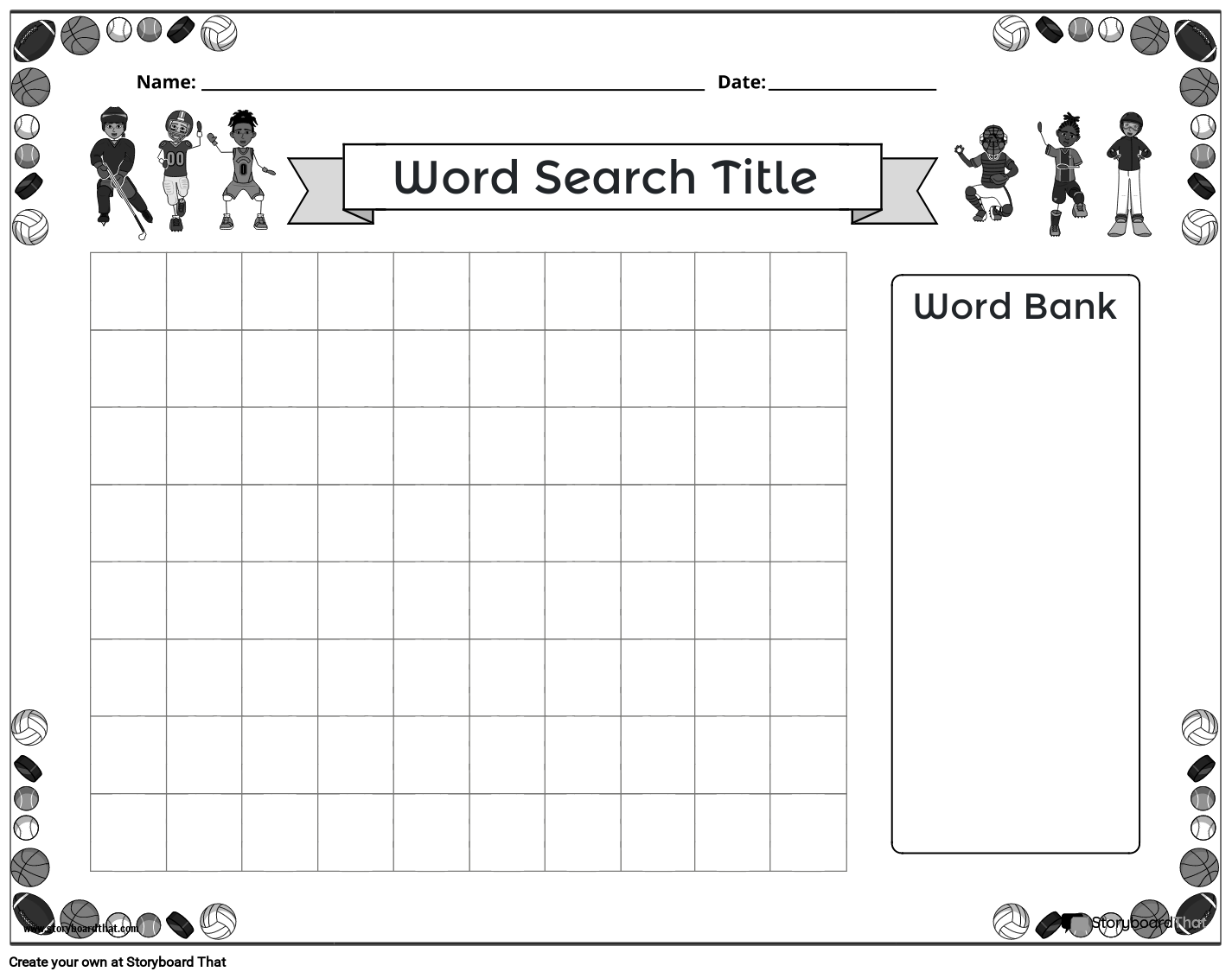 sports theme word search black and white