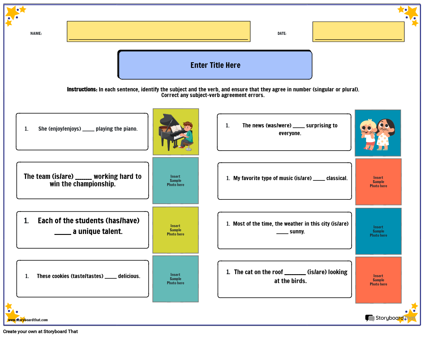 Subject Verb Agreement - Grammar Worksheet with Pictures