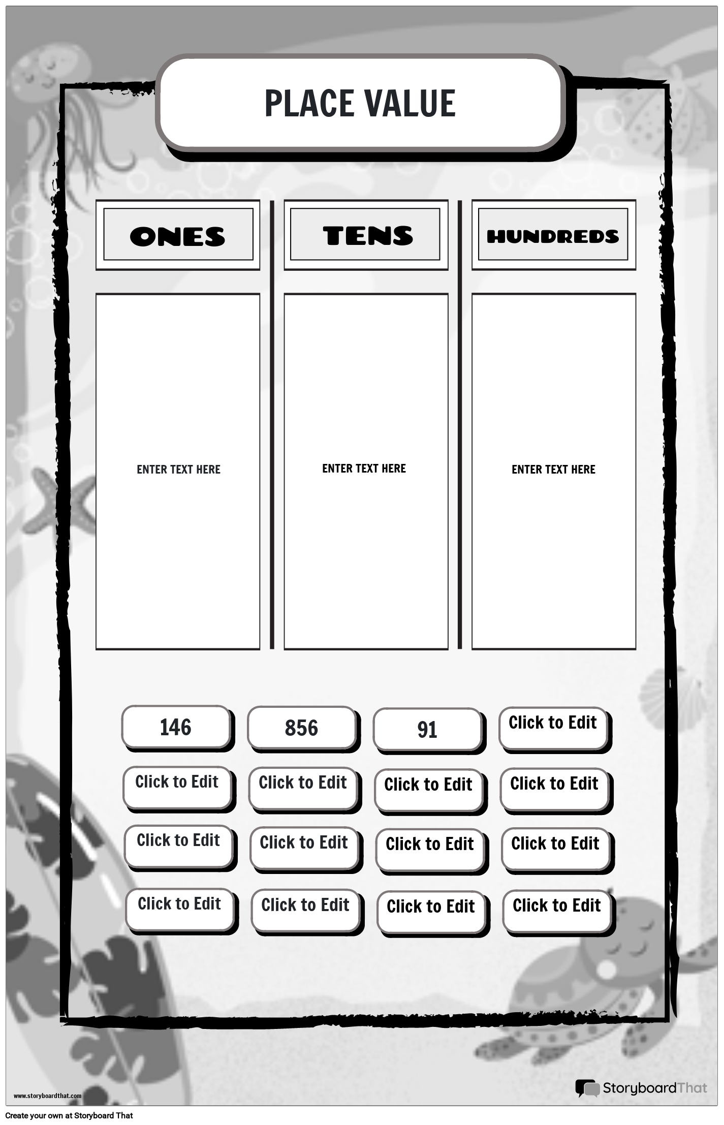 Summer (Beach)-Themed Place Value - Black and White
