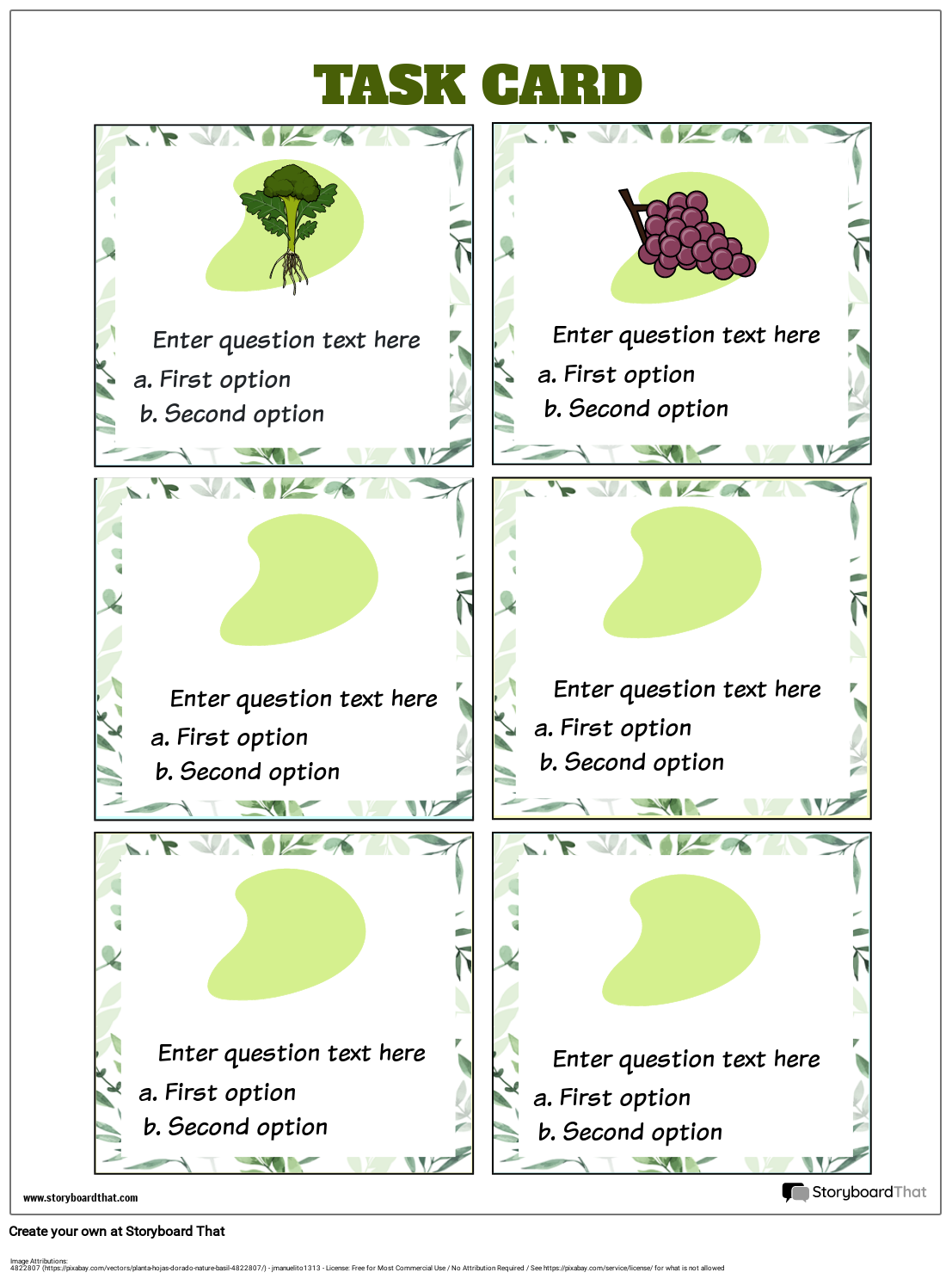 Task Card Worksheet Template with Food Options