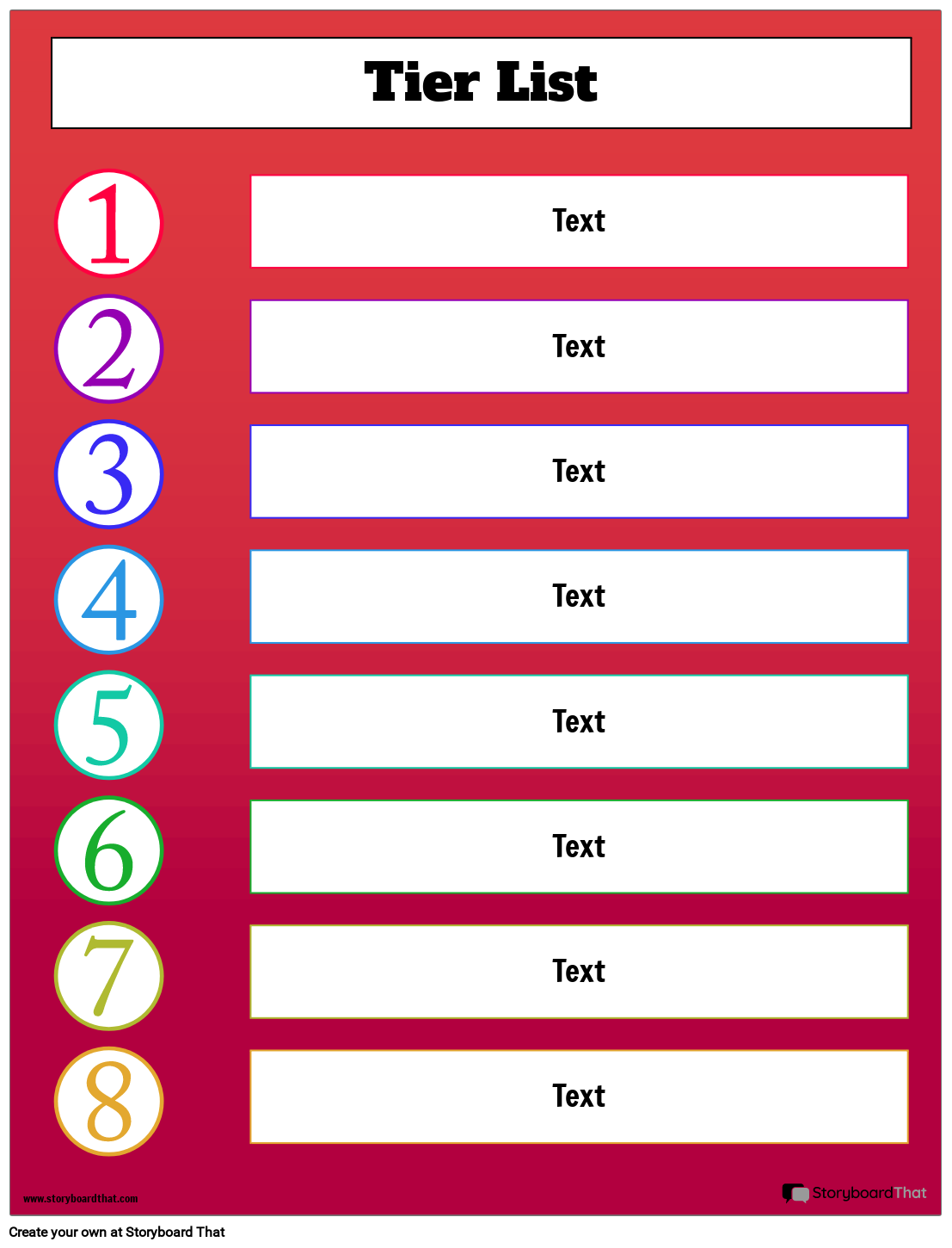 Colorful Numbers Based Tier List Worksheet