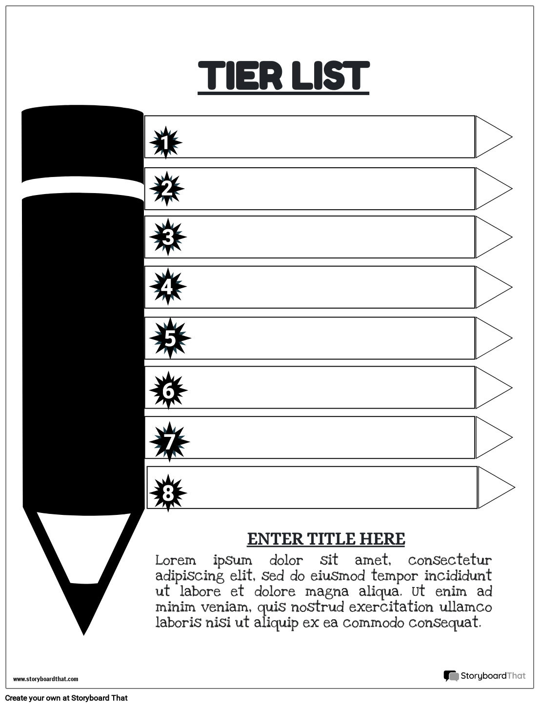 Tier List Worksheet Featuring a Big Pencil