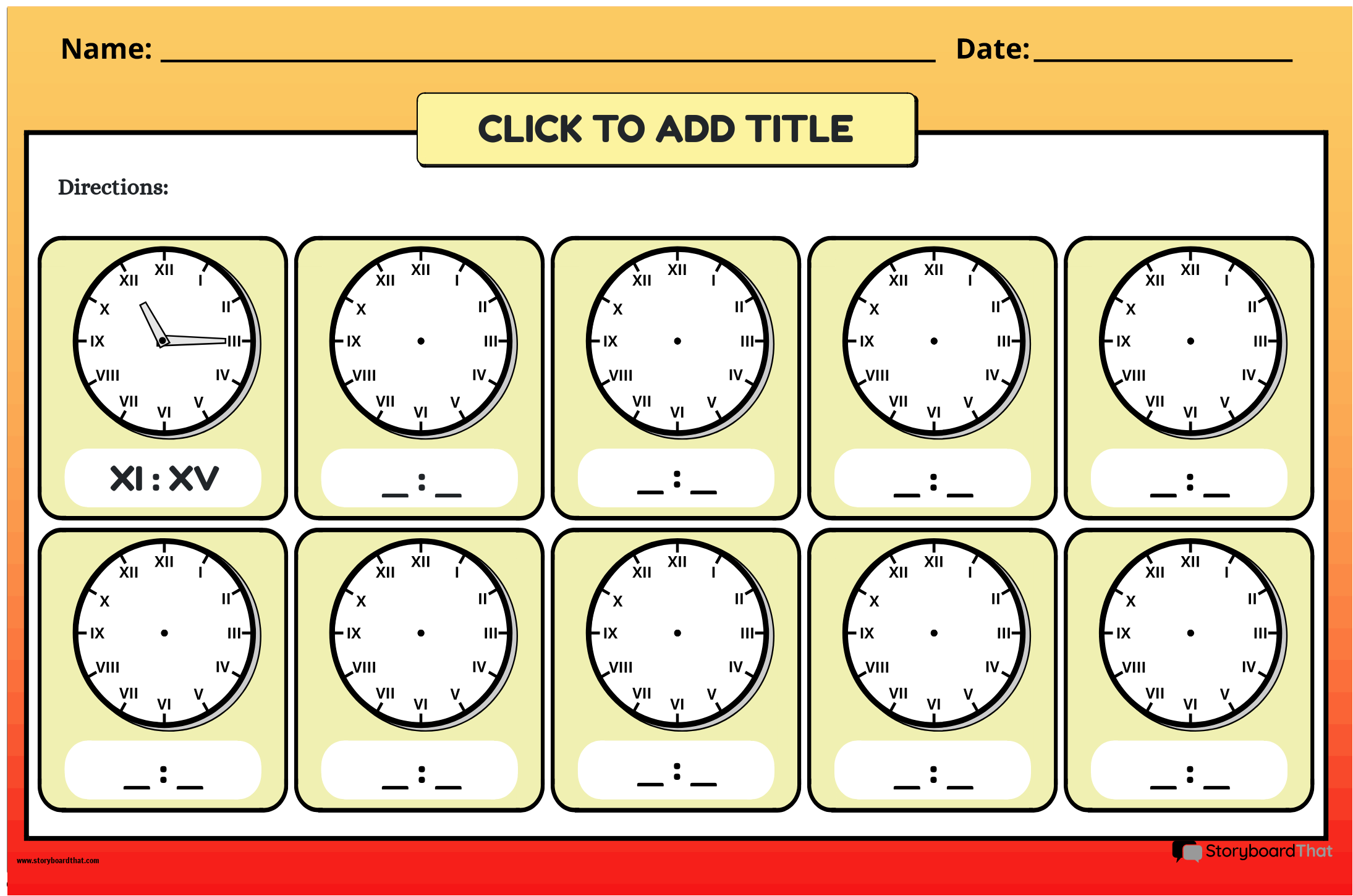 Time on Clock - Roman Numerals Worksheet