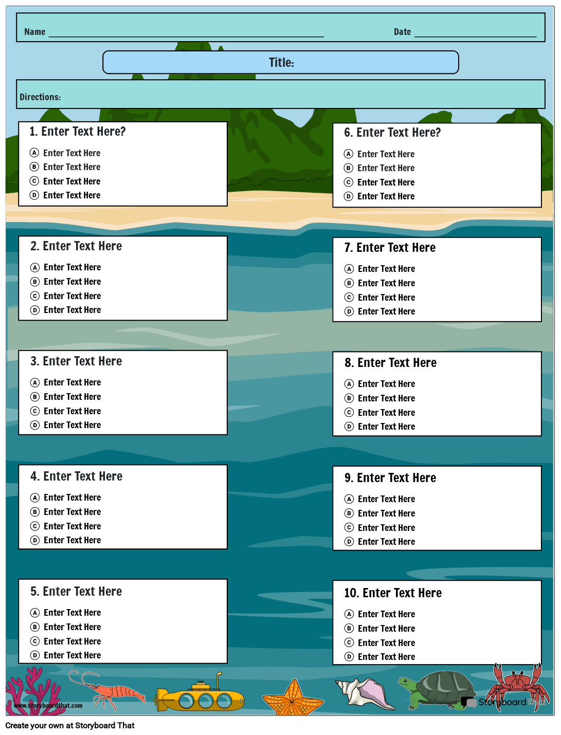 Under the Sea Themed Multiple Choice Worksheet Fully Customizable
