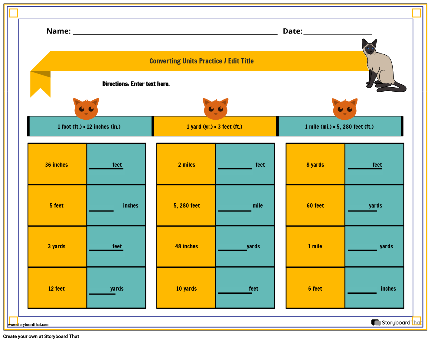 US Measurement Worksheet with Cats