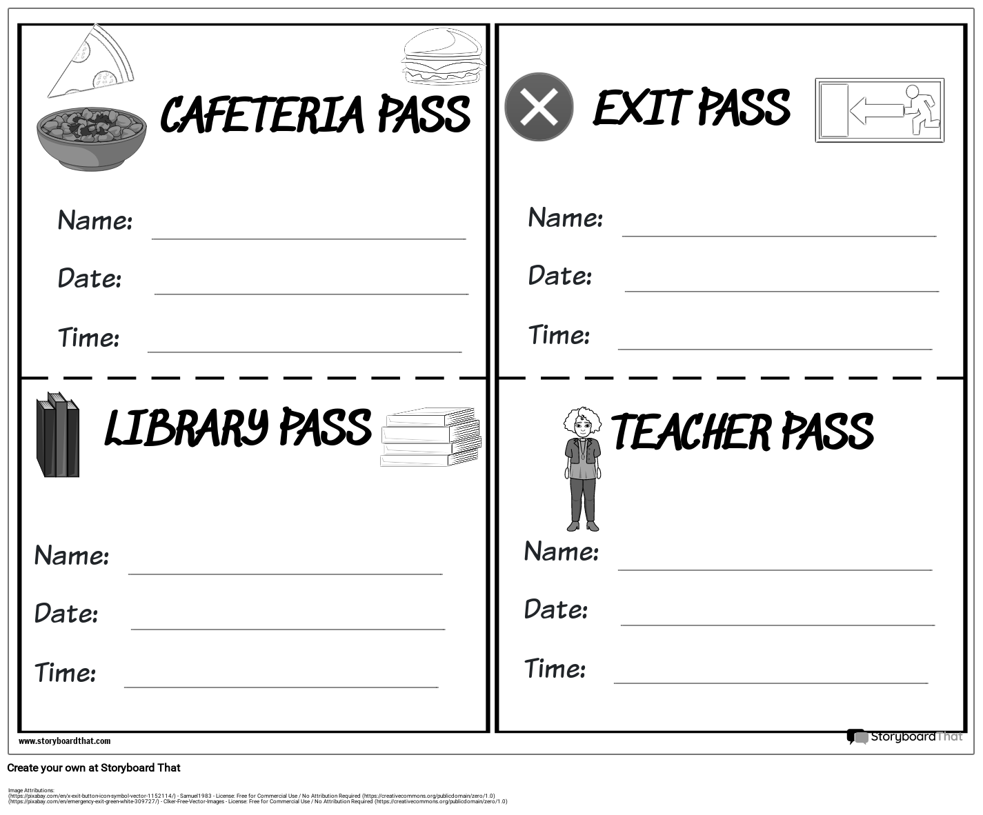 Various Hall Passes in Black and White