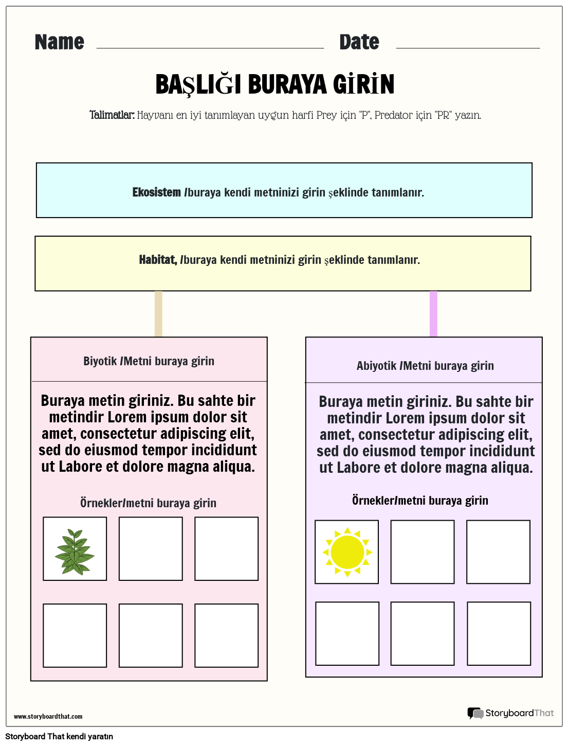 Biyotik ve Abiyotik ekosistem çalışma sayfası