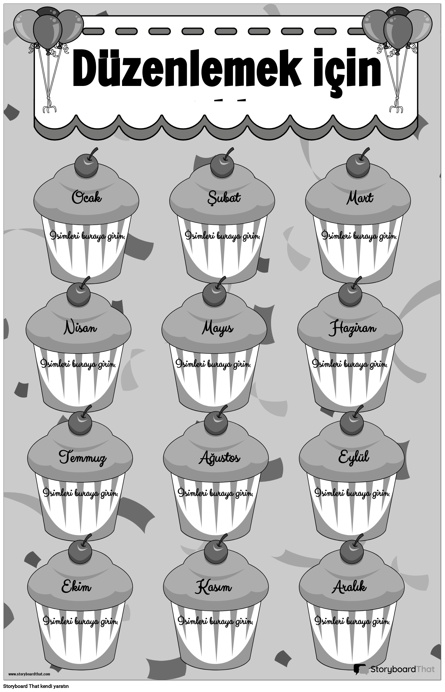 Cupcake Temalı Doğum Günü Posteri Siyah Beyaz