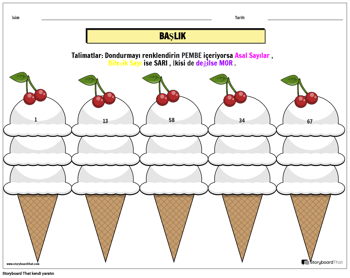 Dondurma Temalı Asal ve Bileşik Sayı Çalışma Sayfası