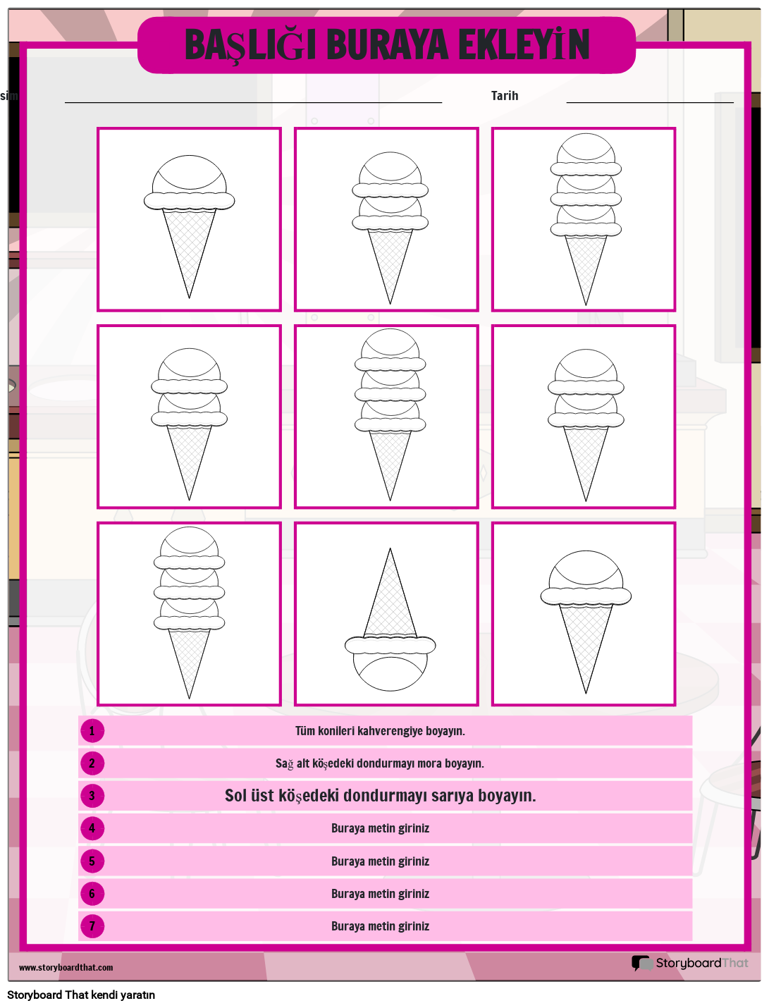 Dondurma Temalı Talimatları Takip Etme Çalışma Sayfası