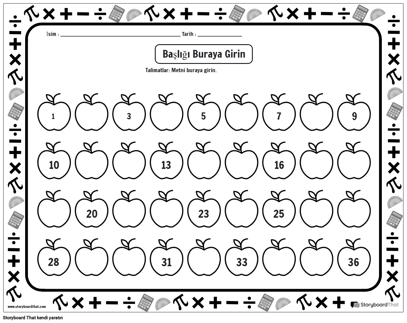 Elmalı eksik sayılar çalışma sayfası (siyah beyaz)