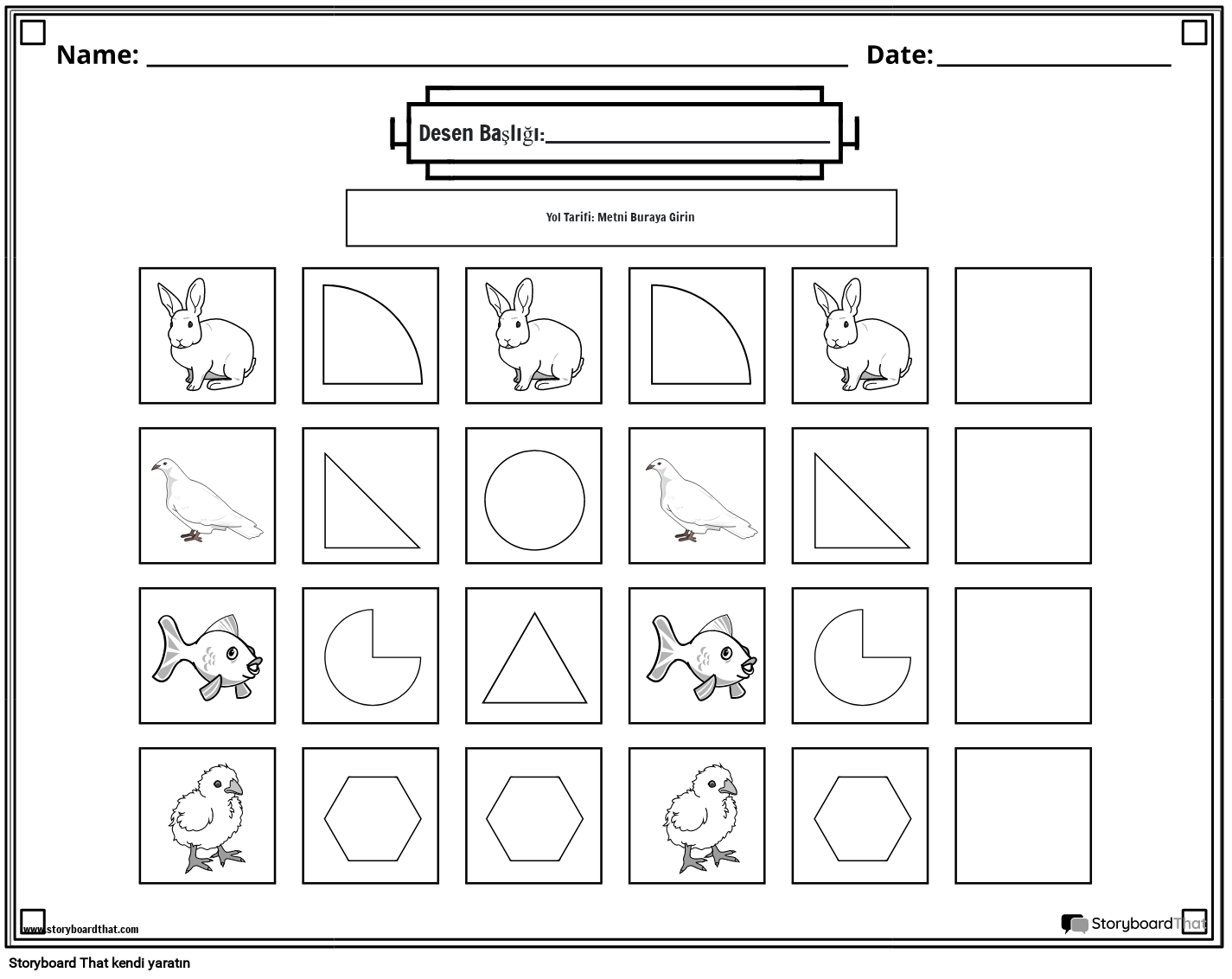 Hayvanlar ve şekiller desen çalışma sayfası (siyah beyaz)