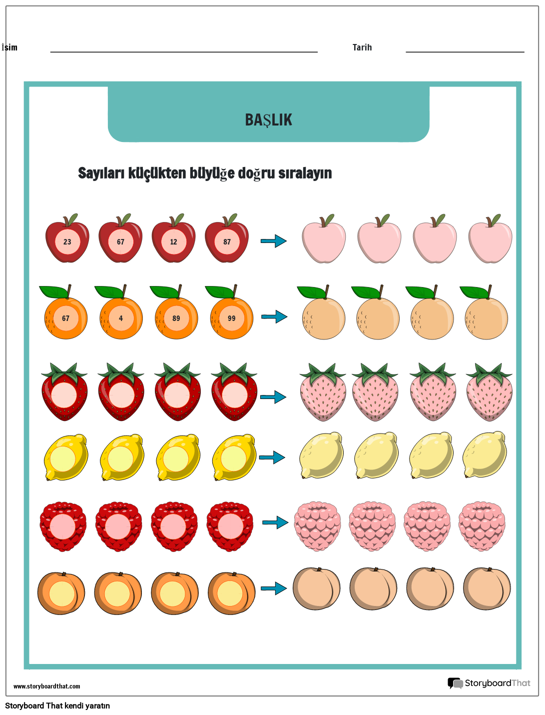 Meyve Temalı Sipariş Numaraları Çalışma Sayfası