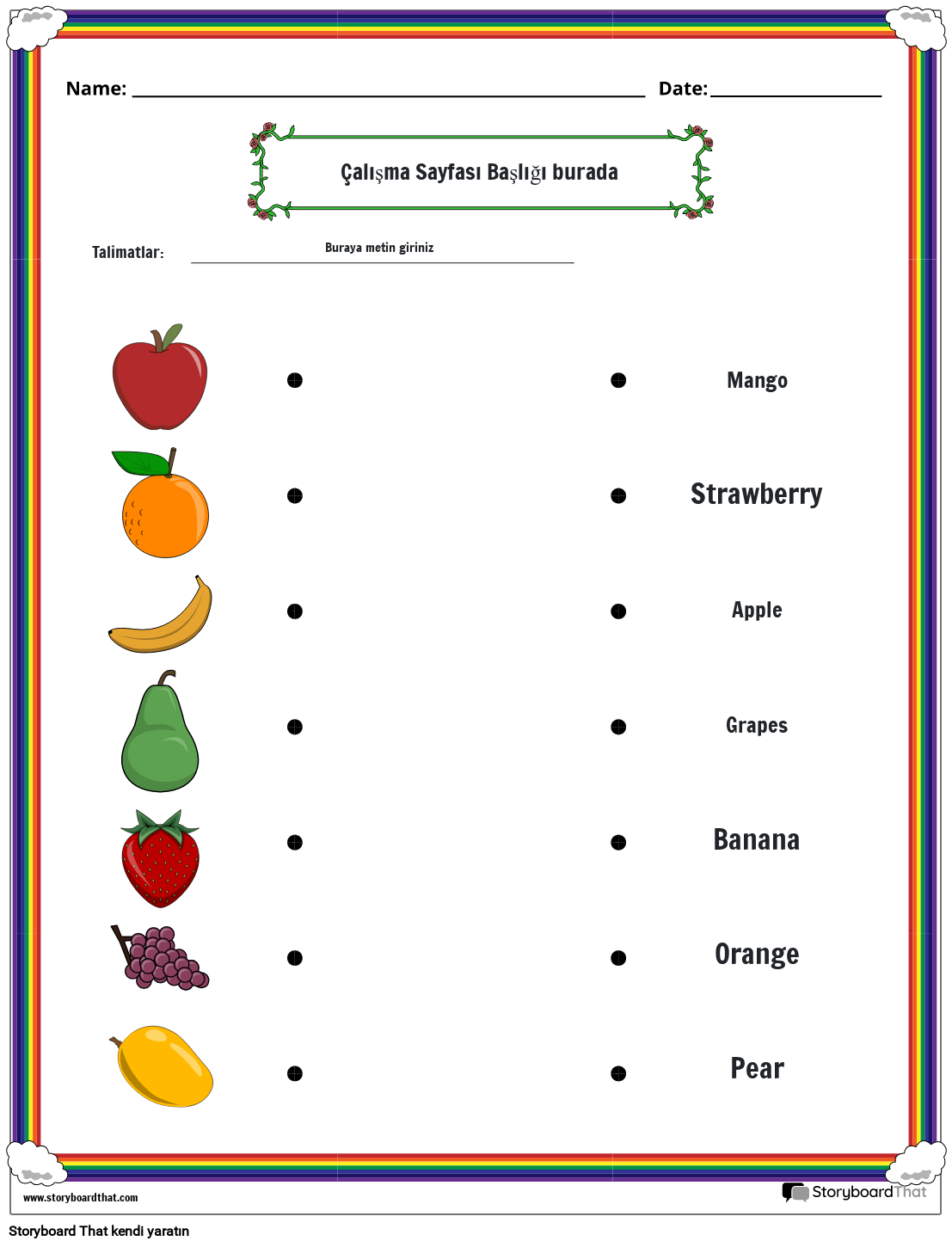 Meyveleri adlarıyla eşleştirme renk çalışma sayfası