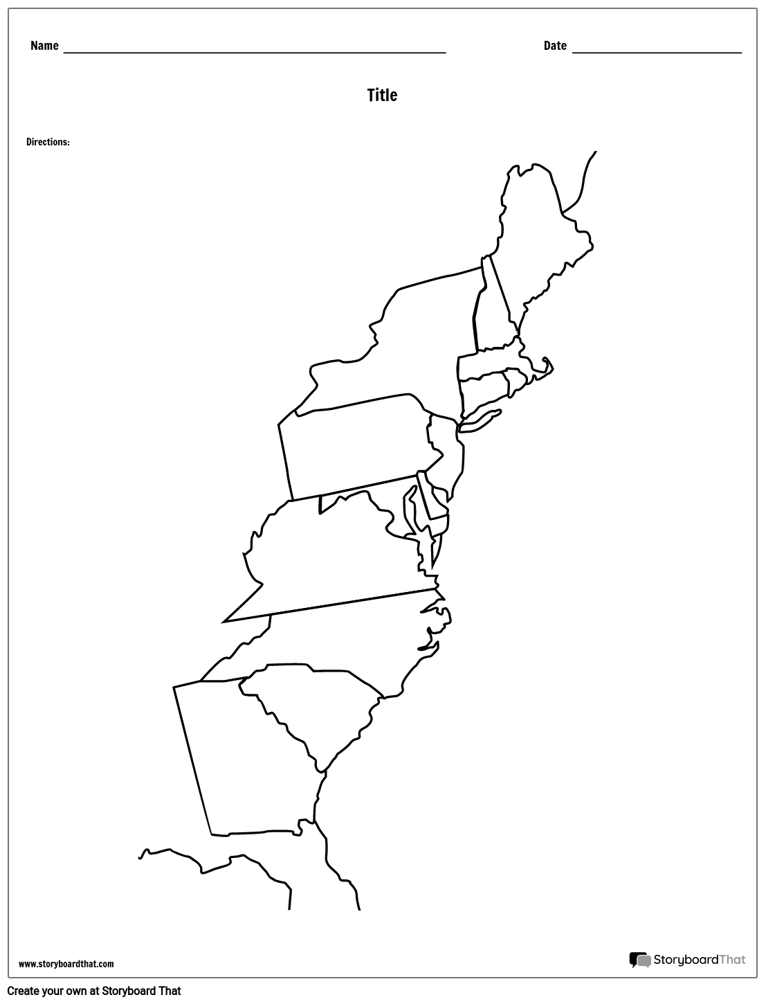 13 Colonies Map Black And White Blank Storyboard