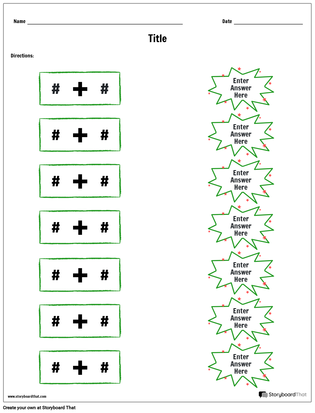 Addition Matching Storyboard Per Worksheet Templates