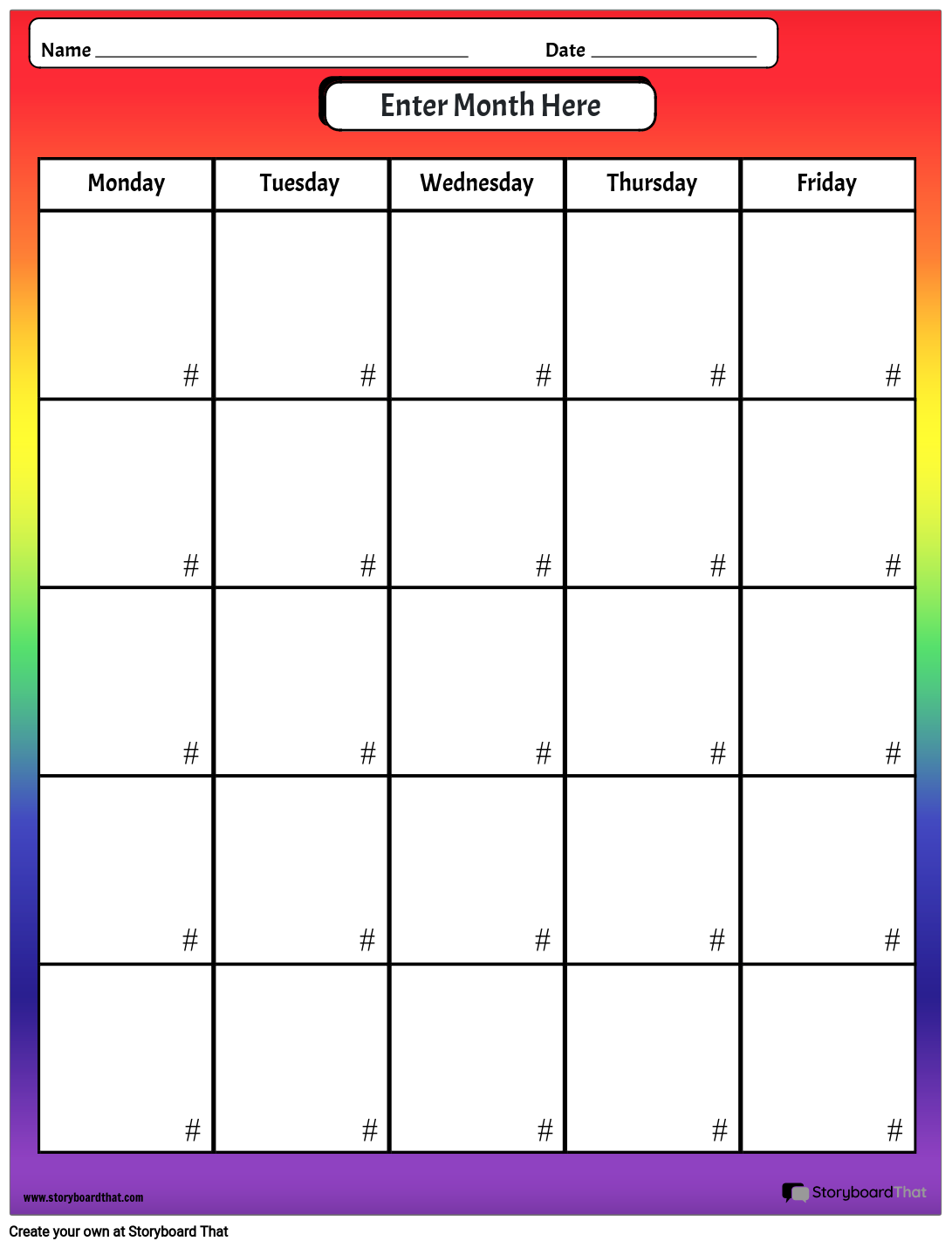 Calendar Worksheet Rainbow