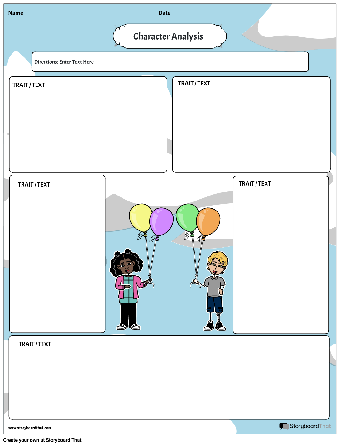 Character Analysis Template with Kids and Balloons