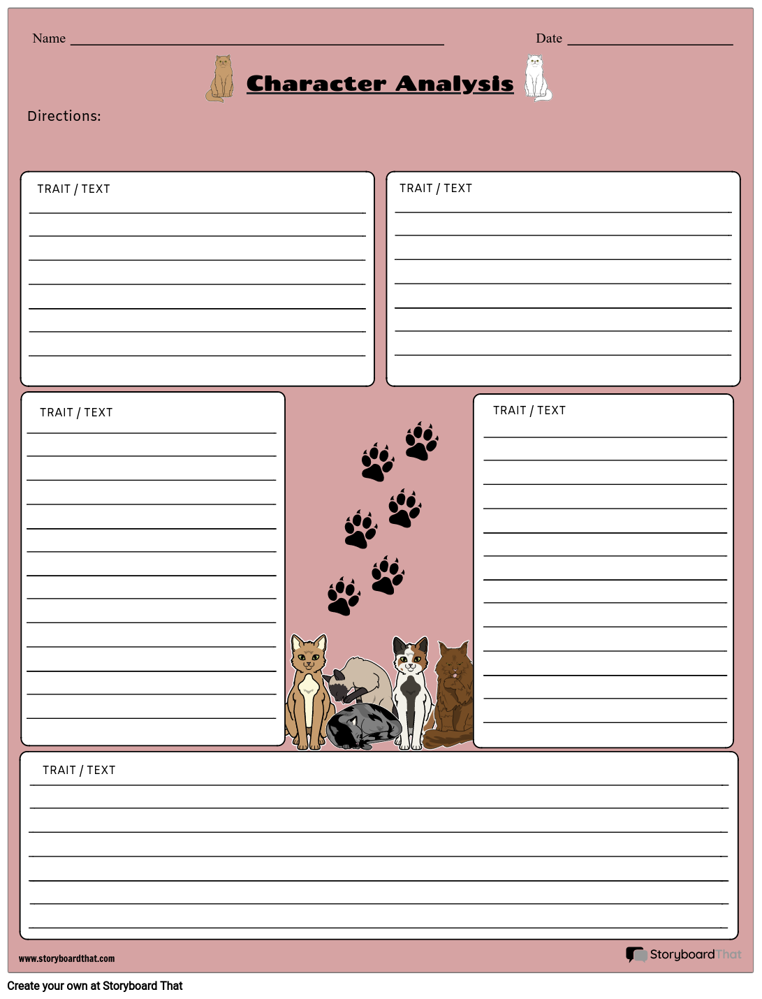 Cute Paw Themed Character Analysis Worksheet